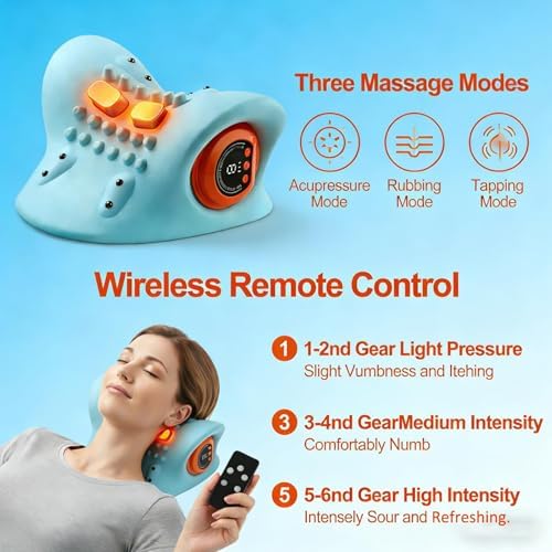Neck and Shoulder Massager with Heat,4 in 1 Portable Electric Massage Device,3 Modes 6 Speeds Cervical Neck Traction Pillow,Adjustable Intensity for Home Office Travel Use (PP, One Size)